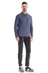 Men's casual long-sleeved polo shirt in slate blue with solid color cotton fabric