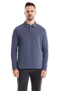 Detailed front view of a men's long-sleeve casual polo shirt in slate blue cotton fabric.