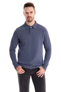 Professional male model wearing a grey blue solid color long-sleeved polo shirt for men