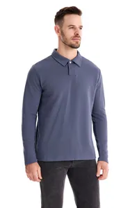 Detailed shot of a men's long-sleeved grey-blue polo shirt with classic lapel design