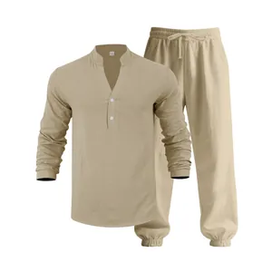 Detail view of men's beige linen-blend Henley shirt and drawstring pants lounge set