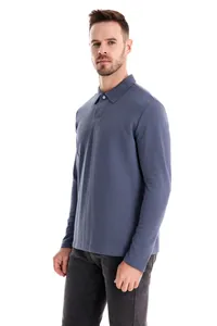 Close-up of men's slate blue long sleeve cotton polo shirt featuring collar embroidery
