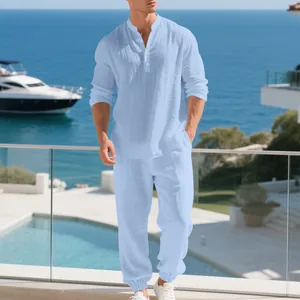 Men's light blue breathable linen long-sleeved Henry shirt and matching lounge pants set.