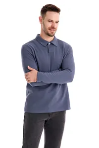 Close-up of a blue-grey long sleeve piqué polo shirt for men showing the collar and texture