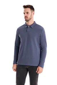 Premium long-sleeve cotton polo shirt for men in dusty blue with textured piqué fabric