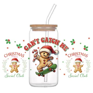 Kerstmis peperkoek man UV transfer sticker voor 16oz glazen beker met bamboe deksel