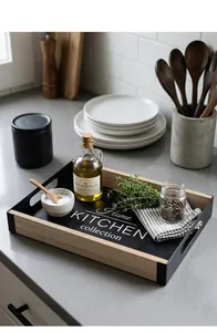 Modernes rechteckiges Küchen-Tablett aus Eisen und Holz mit stilvollem Schriftzug