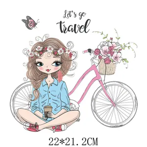 Trasferimento termico carino ragazza e bicicletta per vestiti, misura 22x21,2 cm