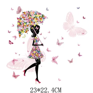 Romantic floral umbrella woman silhouette heat transfer patch for DIY clothing, 23x22.4cm