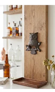 Ouvre-bouteille hibou rétro en fonte monté sur une planche en bois rustique - vue détaillée