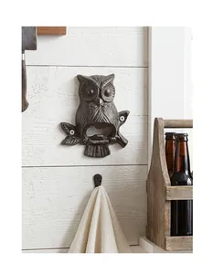 Vue détaillée d'un décapsuleur hibou en fonte vintage monté sur un mur en bois rustique