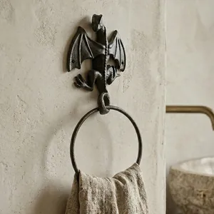 Vintage cast iron dragon towel ring with rustic wall mount for bathroom decor