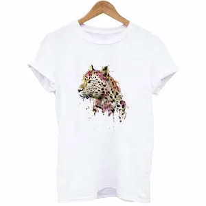 Detailed view of colorful watercolor leopard heat transfer sticker on white T-shirt