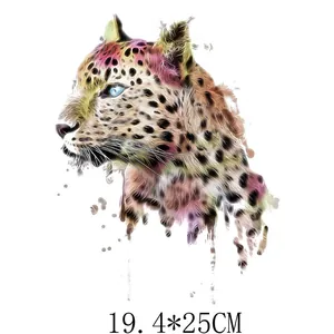Detailed view of colorful artistic leopard head heat transfer patch for clothing