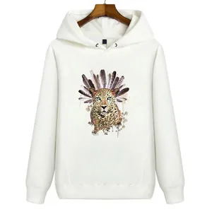 Detail view of a white pullover hoodie with a tribal leopard feather heat transfer print