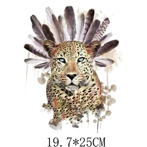 Close-up detail of leopard with feather headdress cartoon heat transfer sticker decal