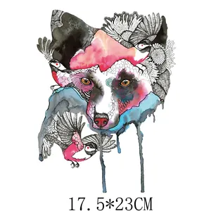 Close-up of artistic fox and bird watercolor heat transfer patch for clothing, 17.5x23cm
