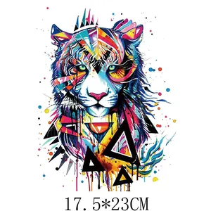Vibrant and detailed colorful geometric tiger heat transfer patch decal measuring 17.5x23cm.