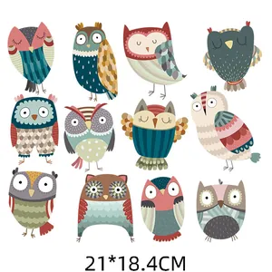 Set of 12 colorful cartoon owl heat transfer patches sized 21x18.4cm for kids' DIY clothes.