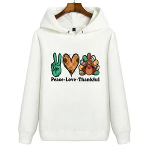 Sweat à capuche blanc avec imprimé dinde de Thanksgiving Peace Love Thankful et cœur