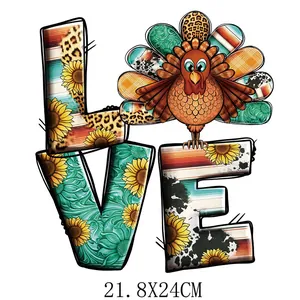 Transfert thermique dinde de Thanksgiving LOVE pour décoration de vêtements 21,8x24cm