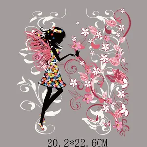 Cute fairy girl heat transfer sticker for clothing, 20.2x22.6cm floral design decal