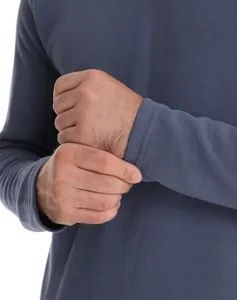 Detail view of men's long sleeve polo shirt showing fabric texture and ribbed cuff
