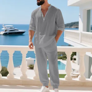 Men's loose grey linen Henley long sleeve shirt and pants set for beach resorts