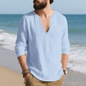 Ανδρικό casual λινό γαλάζιο πουκάμισο με μακριά μανίκια και βαθιά λαιμόκοψη V σχήματος