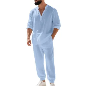 Men's light blue loose linen casual set with long sleeve Henley shirt for vacation style