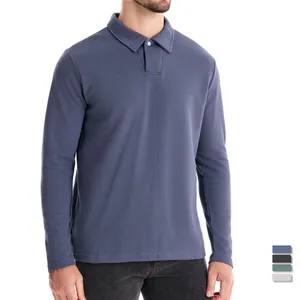 Men Casual Long Sleeve Polo Shirt Cotton Blend Solid Color Washed Lapel Top For Autumn Daily Wear
