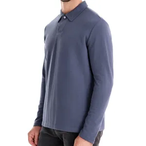 Classic men's long-sleeve polo shirt in grey-blue with a subtle embroidered collar detail