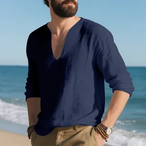 Ανδρικό casual λινό μακρυμάνικο μπλουζάκι με λαιμόκοψη V σε σκούρο μπλε για παραλία
