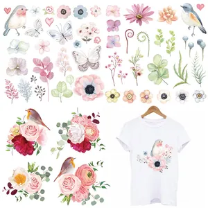 Watercolor Flower Bird Heat Transfer Patch DIY Washable Iron On Sticker For Clothing T-Shirt Bag Applique Art Decor Heat Press Offset Print