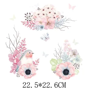 Soft watercolor floral and bird heat transfer decal for clothing DIY, 22.5x22.6cm size