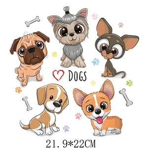 Cute set of five cartoon dog heat transfer iron-on patches for clothes DIY 21.9x22cm