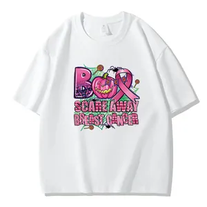 Pink ribbon Halloween breast cancer awareness heat transfer print on white T-shirt
