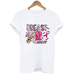 Detail of Breast Cancer Awareness pink ribbon iron-on heat transfer on a white T-shirt