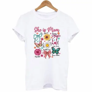 White Mother's Day T-shirt with colorful She is Mom floral and butterfly graphic print
