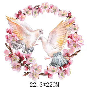 Beautiful watercolor pigeon and pink flower wreath heat transfer decal for clothes