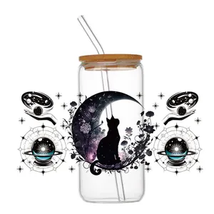 16oz glass can with bamboo lid and straw featuring mystical black cat UV DTF wrap design