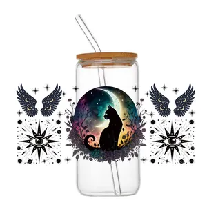 Black cat spirit theme UV transfer sticker for 16oz glass cup with bamboo lid