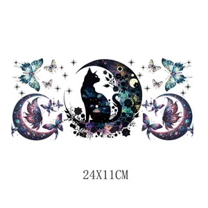Cosmic black cat and crescent moon waterproof UV DTF transfer sticker for glass cups