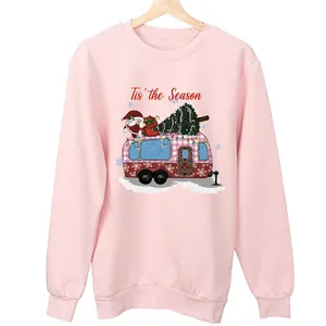 Light pink Christmas sweatshirt featuring a festive camper van graphic with Tis the Season