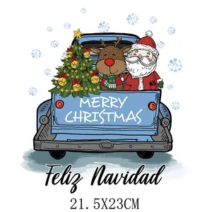 Christmas truck heat transfer decal for clothes with Santa and Reindeer, 21.5x23cm