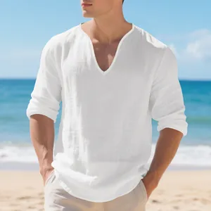 T-shirt décontracté en lin blanc à manches longues, col en V profond et coupe décontractée