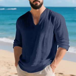 T-shirt décontracté en lin bleu marine à manches longues et col en V profond pour homme