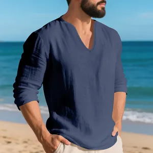 T-shirt décontracté en lin à manches longues pour hommes avec col en V profond