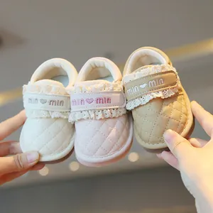 Toddler Girls Princess Walking Shoes Quilted Synthetic Leather Lace Trim Soft Sole Non Slip Squeaky Shoes Hook and Loop First Walker Shoes