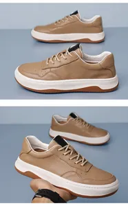 Vista detallada de zapatillas de hombre en cuero granulado marron con suelas blancas gruesas.